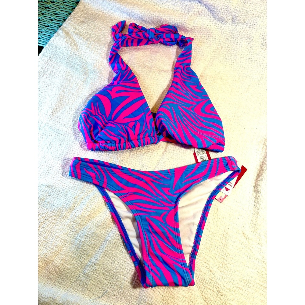 NWT Xhilaration Pink & Blue Zebra Print Halter Bikini Set Y2K